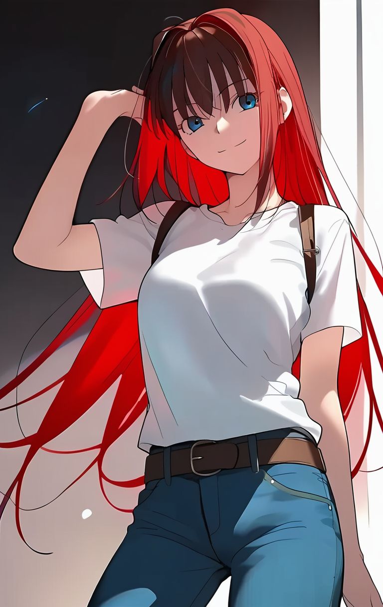 00274-2574867522-_lora_PONY_character_aozaki_aoko_1_,aozaki_aoko_red,  1girl, jeans, denim, solo, t-shirt, pants, shirt, belt, white_shirt, smile.jpg